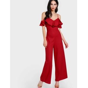 Flounce Cold Shoulder Wide Leg Jumpsuit